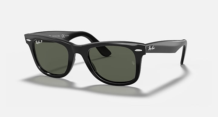 Ray-Ban Wayfarer sunglasses, black frames with dark green lenses