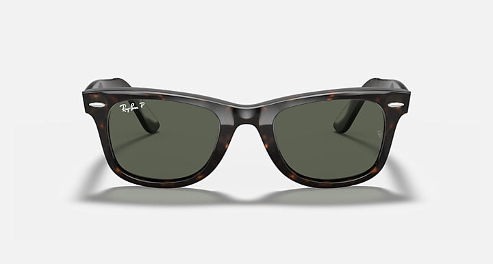Wayfarer-style sunglasses with tortoise frame and dark green lenses, front view
