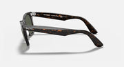 Tortoise Wayfarer sunglasses side view with dark green lenses and curved temples