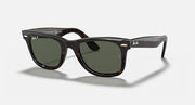 Tortoise Wayfarer-style sunglasses with dark green lenses and clear top frame detail