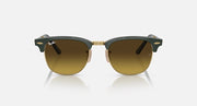 Folding sunglasses with dark green and gold frame, brown gradient lenses, front bar