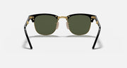 Ray-Ban sunglasses front view with black frame, gold accents, and dark green lenses