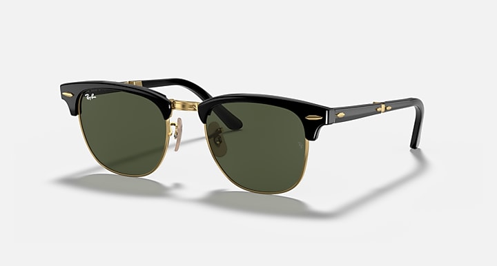 Ray-Ban folding clubmaster sunglasses with black frame, gold hinges, and dark green lenses