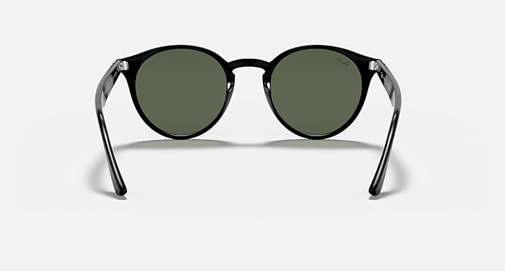 Ray-Ban round sunglasses, black frame with dark green lenses, straight-on view