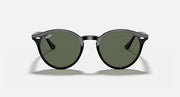 Ray-Ban round sunglasses, black frame with dark green lenses, angled front