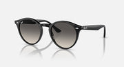 Ray-Ban round sunglasses with black frame and dark gradient lenses, temple logo