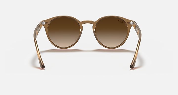 Light brown round sunglasses with gradient brown lenses and clear frame accents