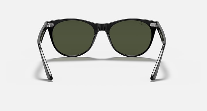 Silver wayfarer sunglasses with dark green lenses and angular arms