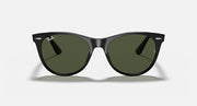 Black wayfarer-style sunglasses, dark green lenses, metal temple logos