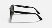 Black wayfarer sunglasses side profile, slim temples and logo lettering