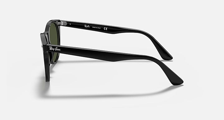 Black wayfarer sunglasses side profile, slim temples and logo lettering