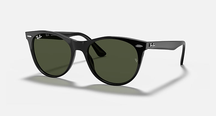 Black wayfarer-style sunglasses with dark green lenses