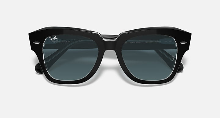 Ray-Ban State Street RB2186 sunglasses front view, black frame with dark blue lenses