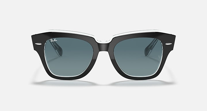 Ray-Ban State Street RB2186 sunglasses front view, black frame with blue lenses