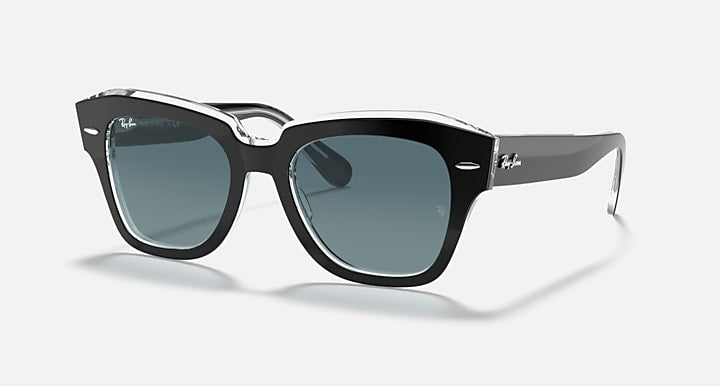 Ray-Ban State Street RB2186 sunglasses with black frame and blue-green tinted lenses