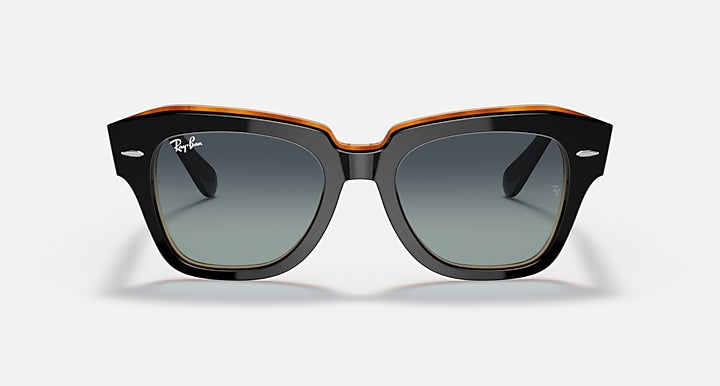 Ray-Ban State Street RB2186 sunglasses, orange-trim frame with blue gradient lenses