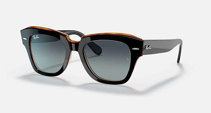 Ray-Ban State Street RB2186 sunglasses, warm brown/orange frame with blue lenses