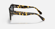 Tortoiseshell sunglasses with clear dark frame arms and dark lenses, side view
