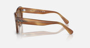 Brown havana sunglasses, side view with clear logo arm and amber lens edge