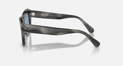 Black sunglasses, side view with blue lens and branded temple arm
