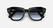 Ray-Ban State Street sunglasses front view with black frame and blue tinted lenses