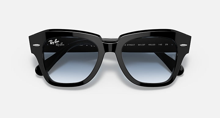 Ray-Ban State Street sunglasses front view with black frame and blue tinted lenses