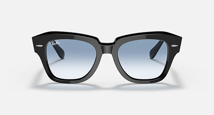 Ray-Ban State Street sunglasses front view with black frame and light blue lenses