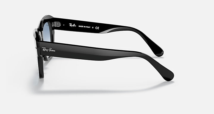 Ray-Ban State Street sunglasses side view, black frame with blue tinted lenses