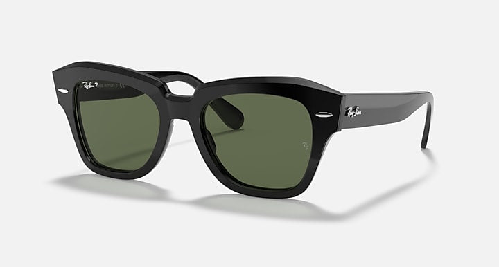 RB2186 sunglasses with black frames and dark green lenses, square silhouette