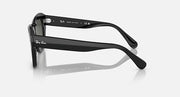 Black square-frame sunglasses, side profile with dark green lenses and branded temples.