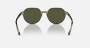 Ray-Ban Thalia sunglasses, angled front view, round dark lenses with olive frame and curved temples