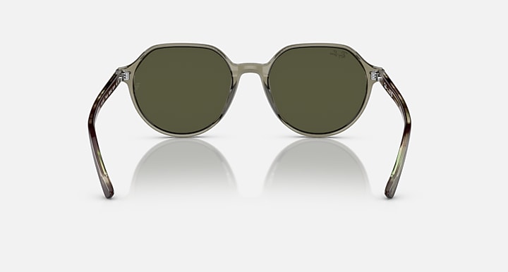 Ray-Ban Thalia sunglasses, angled front view, round dark lenses with olive frame and curved temples