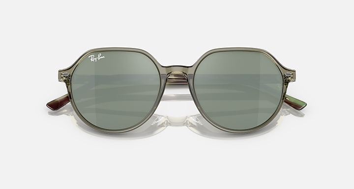 Ray-Ban Thalia sunglasses, round green lenses with olive frame and brown-tinted temple tips