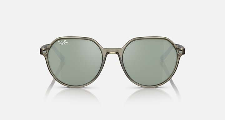 Ray-Ban Thalia sunglasses, front view, round green lenses with olive frame and metal hinges