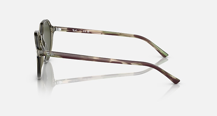 Ray-Ban Thalia sunglasses side view, thin metal arms with olive translucent frame and tips
