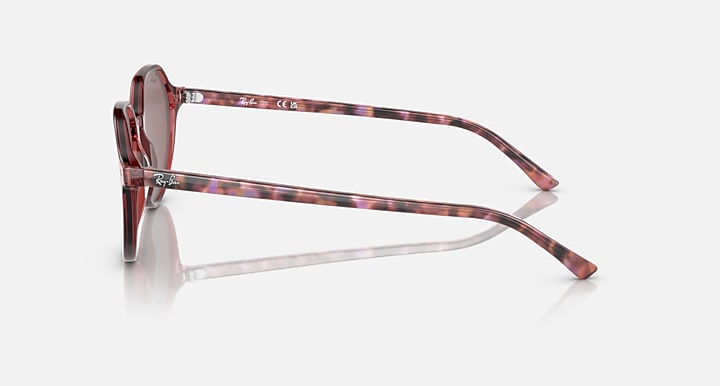 Ray-Ban Thalia sunglasses side view with rose tortoise-pattern arms and metal hinges