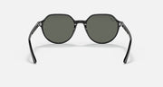 Round black sunglasses with dark green lenses and visible hinge on temples.