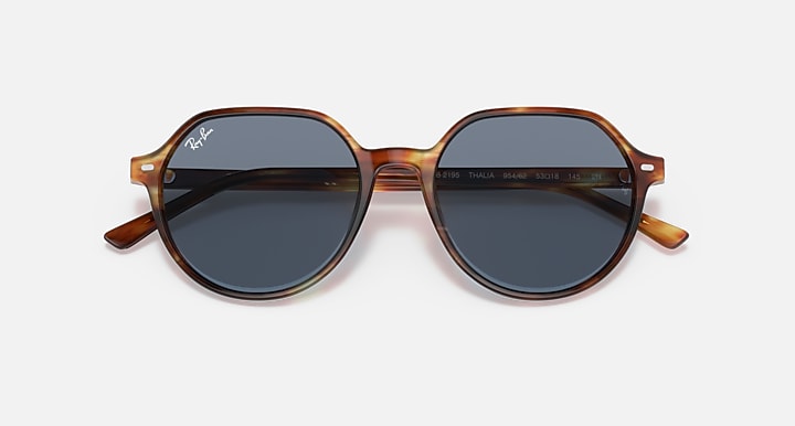 Ray-Ban Thalia RB2195 sunglasses with dark blue-gray lenses and brown round frame