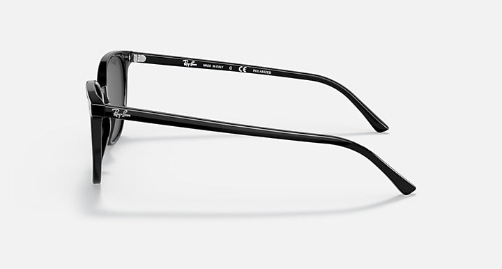 Black Ray-Ban sunglasses side profile with curved temple arm and logo details