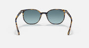 Sunglasses with tortoiseshell-pattern frame and blue lenses, straight-on front view.