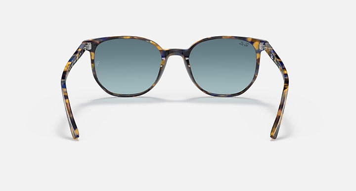 Sunglasses with tortoiseshell-pattern frame and blue lenses, straight-on front view.