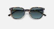 Sunglasses with tortoiseshell-pattern frame and dark blue lenses, front view.