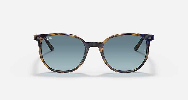 Sunglasses with tortoiseshell-pattern frame and blue gradient lenses, front view.