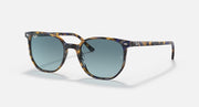Sunglasses with tortoiseshell-pattern frame and blue gradient lenses, side profile.