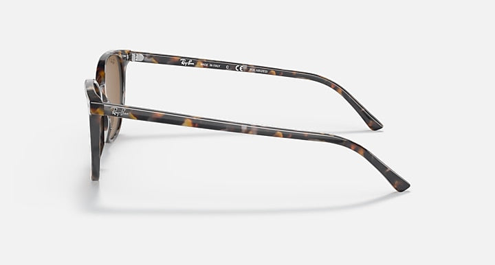 Tortoise eyeglass frame with brown temples, shown in angled side profile.