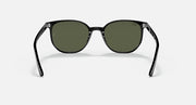 Sunglasses with black frame and dark green lenses, front view with angled edges.