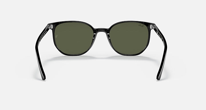 Sunglasses with black frame and dark green lenses, front view with angled edges.
