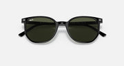 Sunglasses with black frame and dark green lenses, classic cat-eye silhouette.