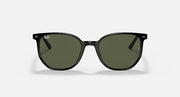 Sunglasses with black frame and dark green lenses, straight-on front view.