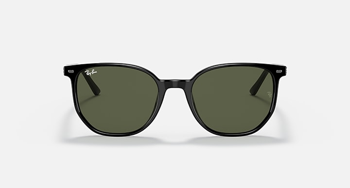 Sunglasses with black frame and dark green lenses, straight-on front view.